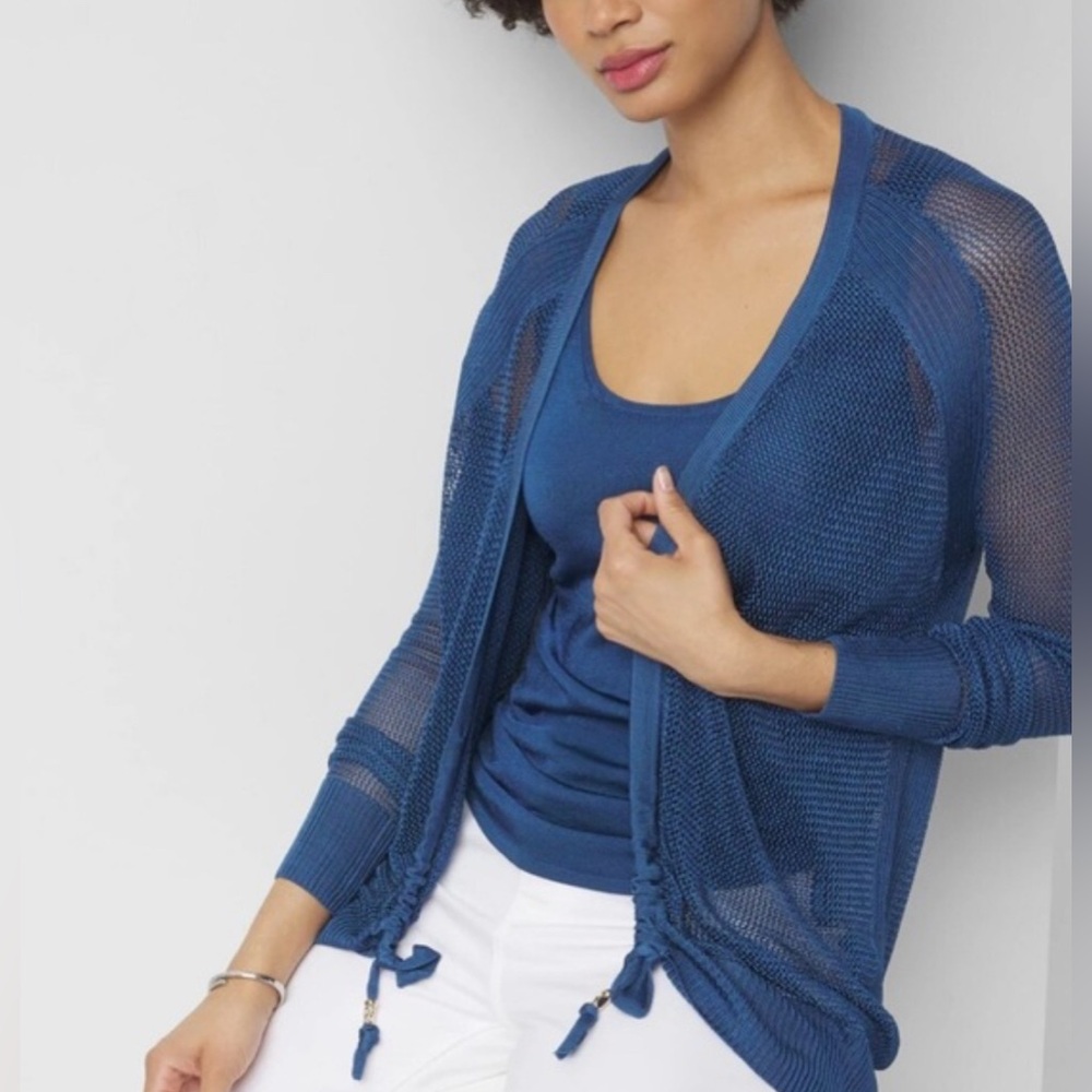 White House Black Market Blue Ruched Tank and Open-Front Sweater Medium